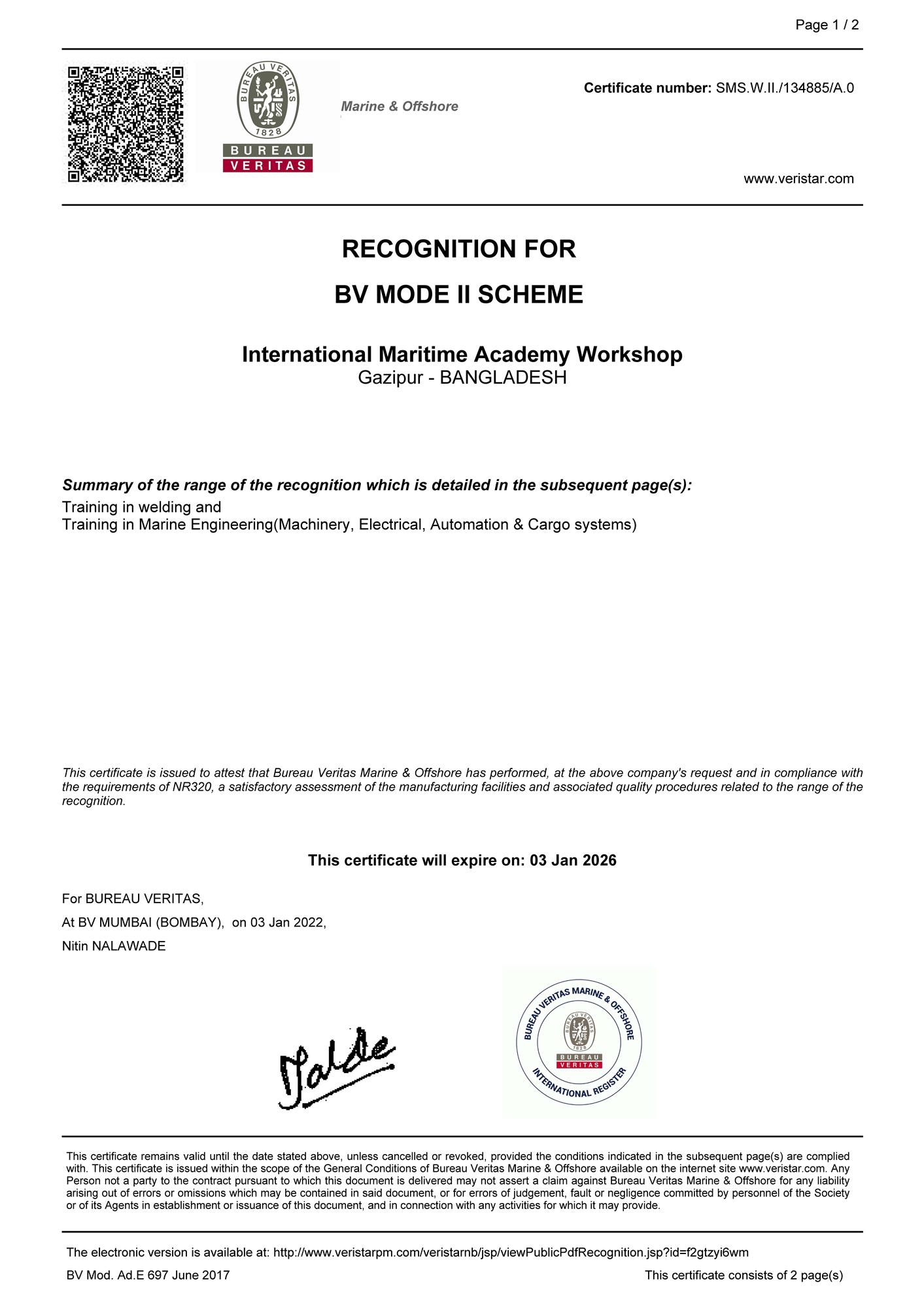 Approval of International Maritime Training Workshop By Bureau Veritas